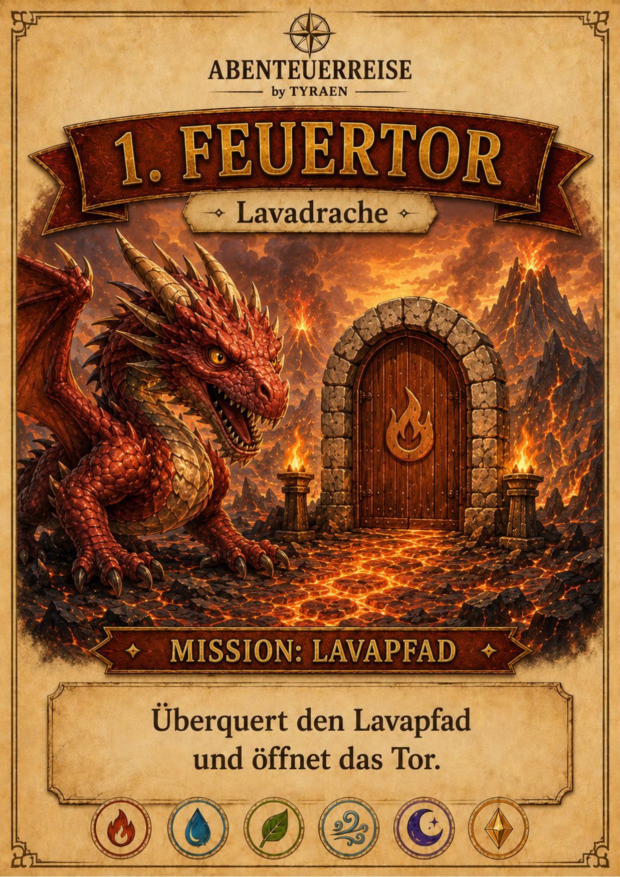 Beispielseite aus dem TYRAEN PDF mit Abenteuer-Elementen zum Ausdrucken